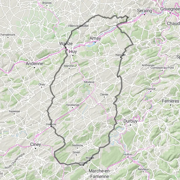 Karten-Miniaturansicht der Radinspiration "Historische Dörfer und malerische Landschaften" in Prov. Liège, Belgium. Erstellt vom Tarmacs.app-Routenplaner für Radtouren
