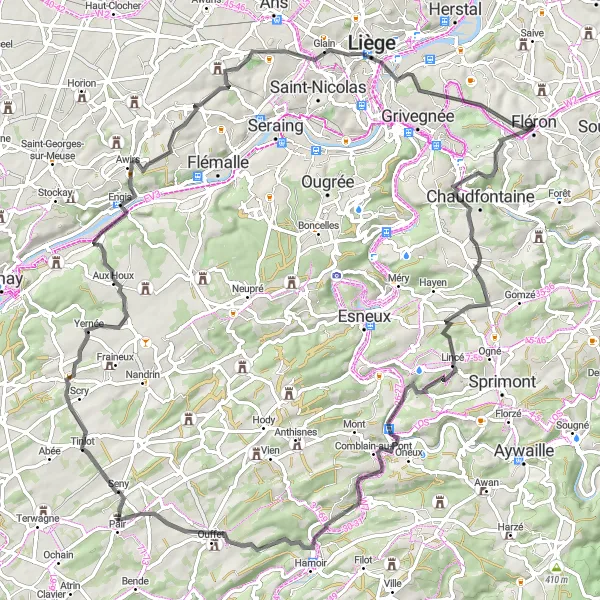 Map miniature of "The Hilltop Circuit" cycling inspiration in Prov. Liège, Belgium. Generated by Tarmacs.app cycling route planner