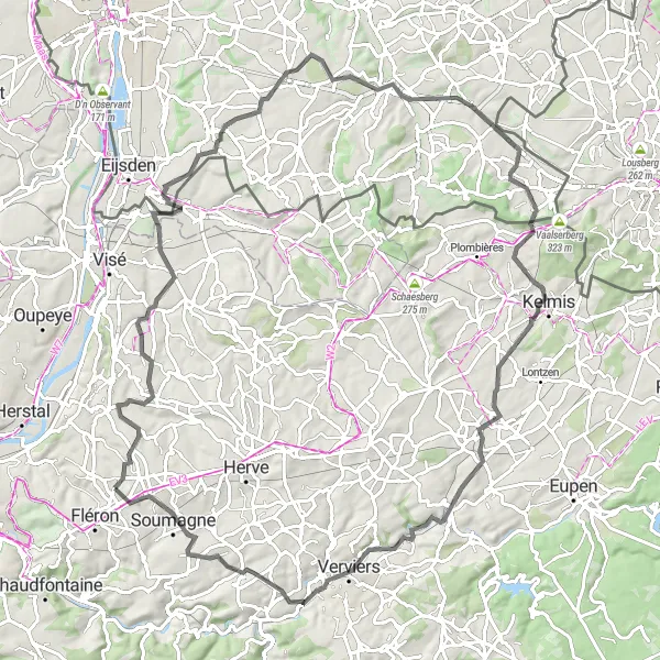 Miniature de la carte de l'inspiration cycliste "Les Collines de la Campine" dans la Prov. Liège, Belgium. Générée par le planificateur d'itinéraire cycliste Tarmacs.app