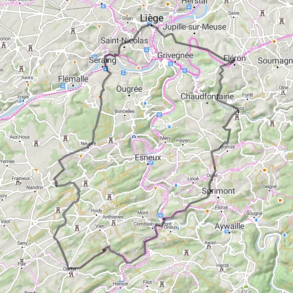 Miniatuurkaart van de fietsinspiratie "Wegroute van Ogné naar Beyne-Heusay" in Prov. Liège, Belgium. Gemaakt door de Tarmacs.app fietsrouteplanner