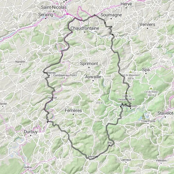 Miniature de la carte de l'inspiration cycliste "Les Collines de la Vesdre" dans la Prov. Liège, Belgium. Générée par le planificateur d'itinéraire cycliste Tarmacs.app