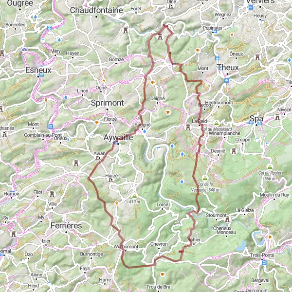 Map miniature of "Fraipont to Belvédère de la Corniche" cycling inspiration in Prov. Liège, Belgium. Generated by Tarmacs.app cycling route planner