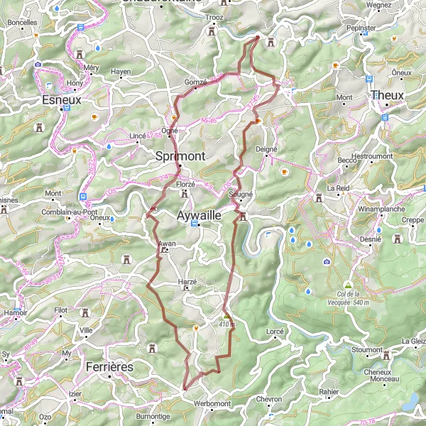 Karten-Miniaturansicht der Radinspiration "Gravel-Rundfahrt ab Fraipont nach Ogné über Banneux" in Prov. Liège, Belgium. Erstellt vom Tarmacs.app-Routenplaner für Radtouren