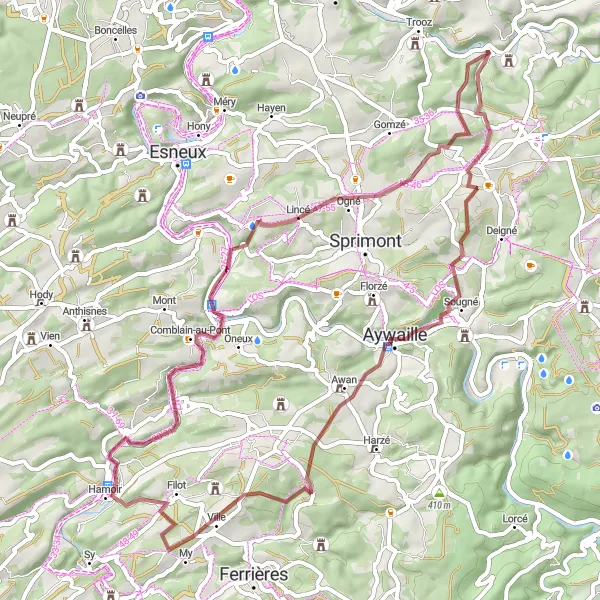 Miniature de la carte de l'inspiration cycliste "Boucle Gravel d'Aywaille à Hamoir" dans la Prov. Liège, Belgium. Générée par le planificateur d'itinéraire cycliste Tarmacs.app