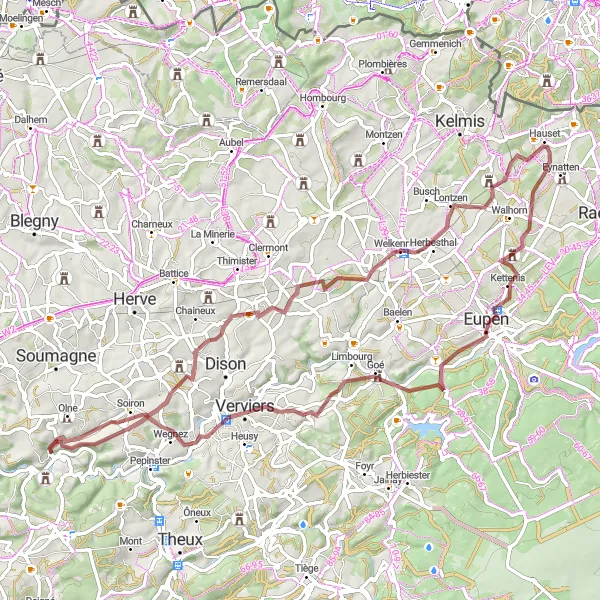 Karten-Miniaturansicht der Radinspiration "Gravel-Abenteuer durch Petit-Rechain und Soiron" in Prov. Liège, Belgium. Erstellt vom Tarmacs.app-Routenplaner für Radtouren