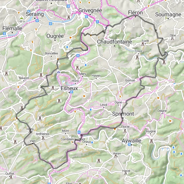Miniature de la carte de l'inspiration cycliste "Le Tour des Coteaux Liégeois" dans la Prov. Liège, Belgium. Générée par le planificateur d'itinéraire cycliste Tarmacs.app