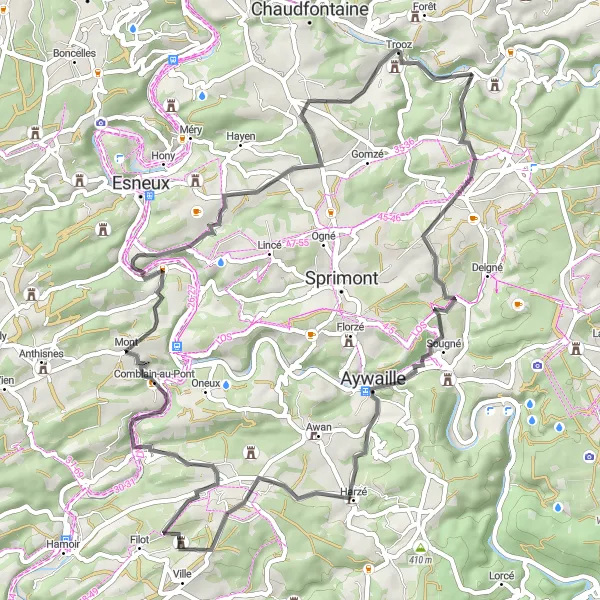 Miniature de la carte de l'inspiration cycliste "Boucle de Trooz et Comblain-au-Pont" dans la Prov. Liège, Belgium. Générée par le planificateur d'itinéraire cycliste Tarmacs.app