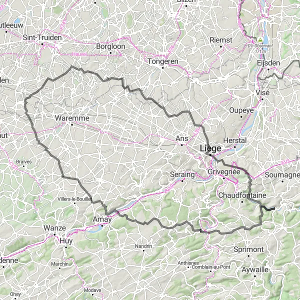 Miniatuurkaart van de fietsinspiratie "Kastelen en uitzichten van Luik" in Prov. Liège, Belgium. Gemaakt door de Tarmacs.app fietsrouteplanner