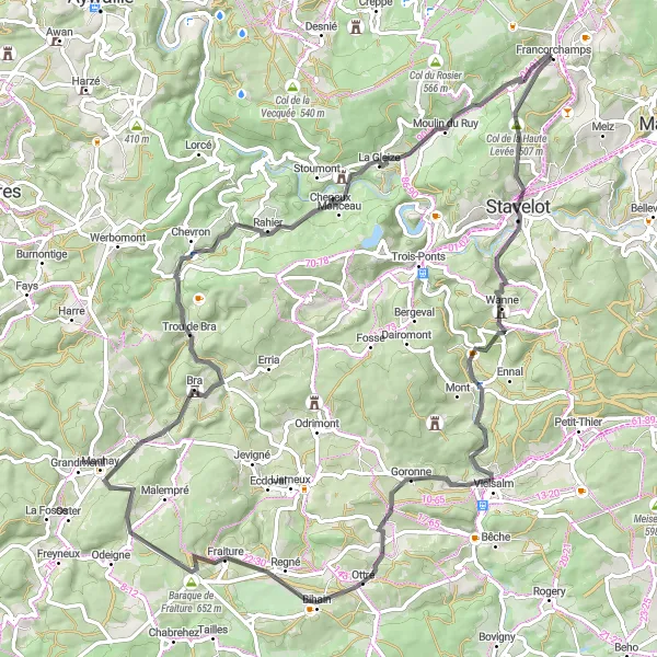 Miniature de la carte de l'inspiration cycliste "Défi des Cols Ardennais" dans la Prov. Liège, Belgium. Générée par le planificateur d'itinéraire cycliste Tarmacs.app