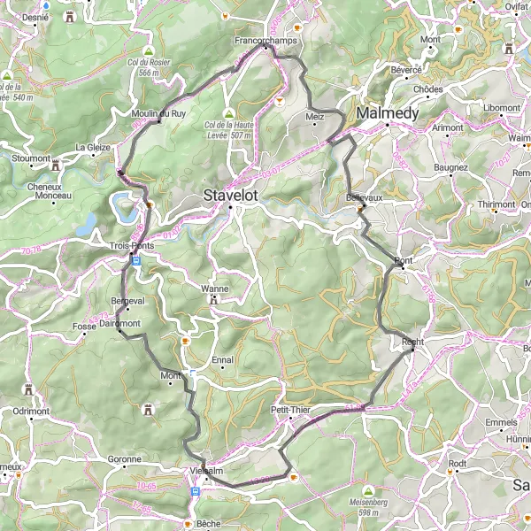 Miniature de la carte de l'inspiration cycliste "Parcours des Cascades Ardennaises" dans la Prov. Liège, Belgium. Générée par le planificateur d'itinéraire cycliste Tarmacs.app