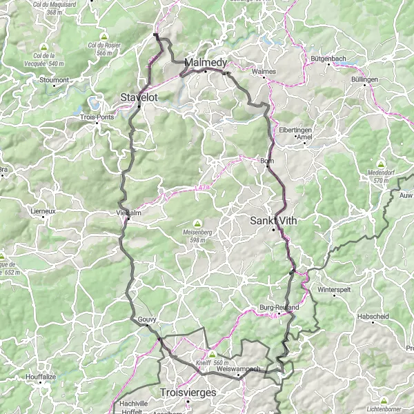 Map miniature of "Mountainous Challenge Road Loop" cycling inspiration in Prov. Liège, Belgium. Generated by Tarmacs.app cycling route planner