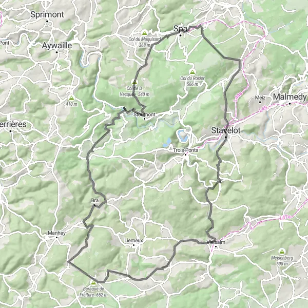 Map miniature of "Challenging Road Ride through the Ardennes" cycling inspiration in Prov. Liège, Belgium. Generated by Tarmacs.app cycling route planner