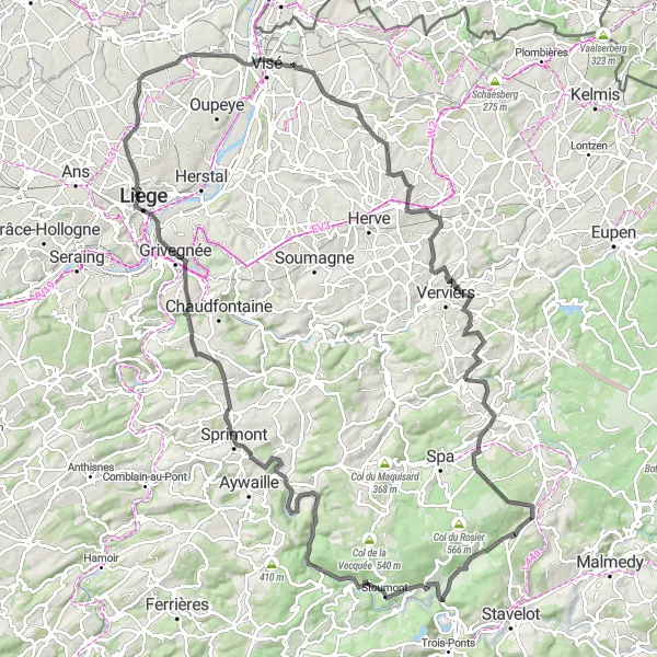 Map miniature of "The Road to Scenic Delights" cycling inspiration in Prov. Liège, Belgium. Generated by Tarmacs.app cycling route planner