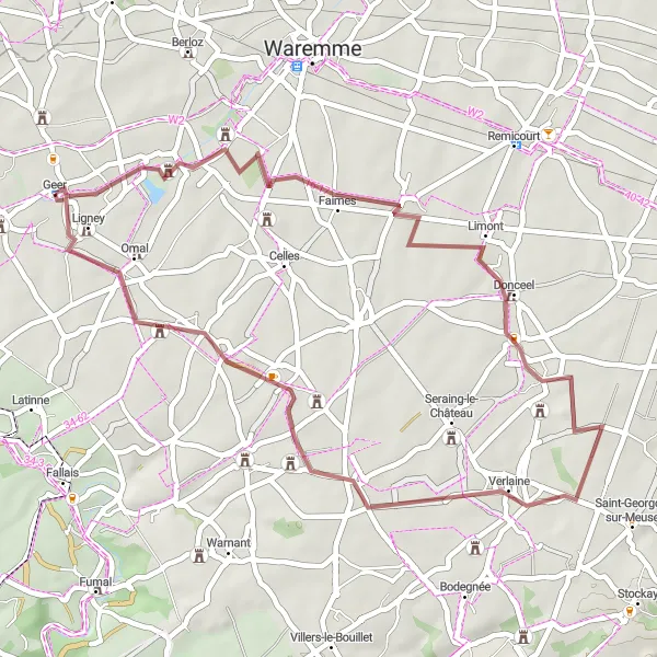 Miniatuurkaart van de fietsinspiratie "Gravelroute rond Geer en Haneffe" in Prov. Liège, Belgium. Gemaakt door de Tarmacs.app fietsrouteplanner