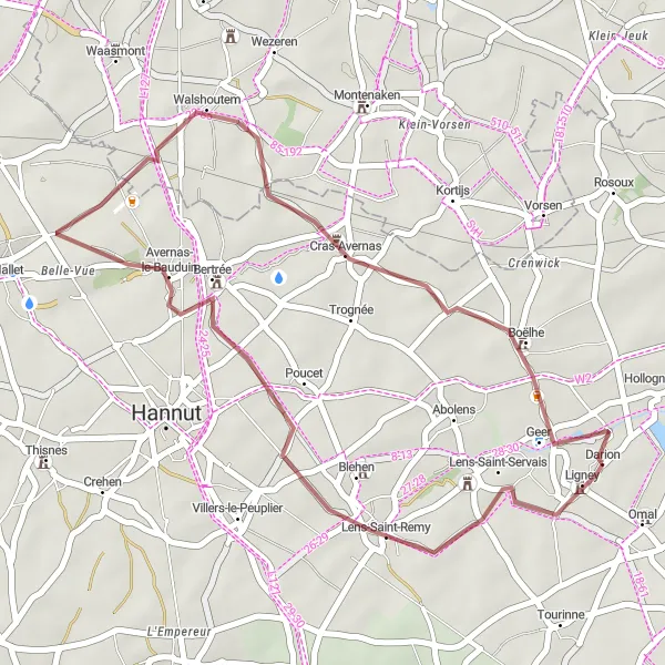 Map miniature of "Avernas-le-Bauduin Gravel Loop" cycling inspiration in Prov. Liège, Belgium. Generated by Tarmacs.app cycling route planner