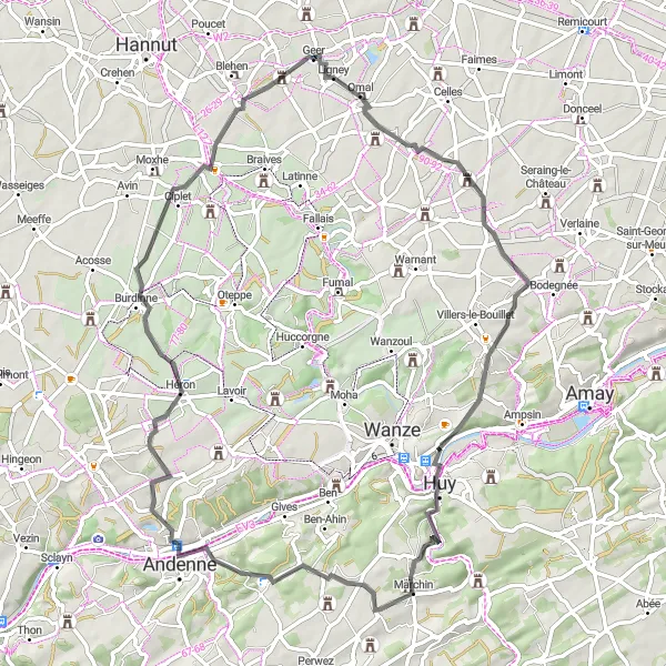 Miniatuurkaart van de fietsinspiratie "Fietsroute rond Geer en Huy" in Prov. Liège, Belgium. Gemaakt door de Tarmacs.app fietsrouteplanner