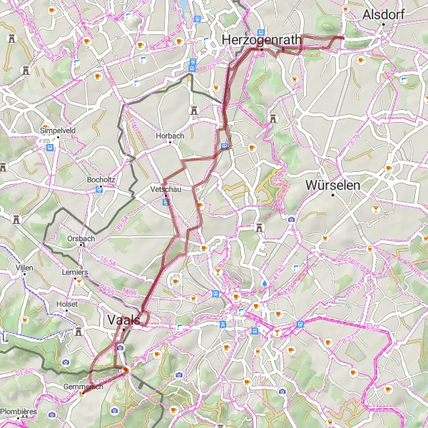 Miniature de la carte de l'inspiration cycliste "Circuit V2 depuis Gemmenich" dans la Prov. Liège, Belgium. Générée par le planificateur d'itinéraire cycliste Tarmacs.app