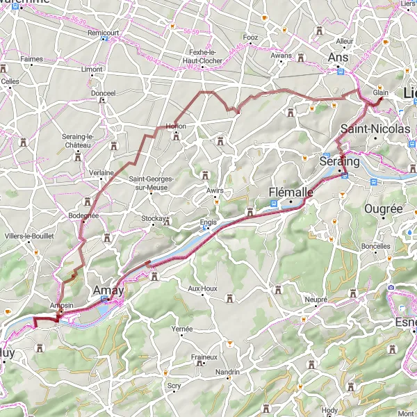 Map miniature of "Tranquil Gravel Escape" cycling inspiration in Prov. Liège, Belgium. Generated by Tarmacs.app cycling route planner