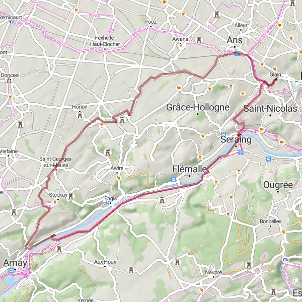 Miniatuurkaart van de fietsinspiratie "Grindpaden en natuurlijke schoonheid" in Prov. Liège, Belgium. Gemaakt door de Tarmacs.app fietsrouteplanner