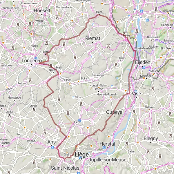 Map miniature of "Sunset Gravel Adventure" cycling inspiration in Prov. Liège, Belgium. Generated by Tarmacs.app cycling route planner