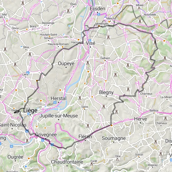 Miniatuurkaart van de fietsinspiratie "Uitdagende route door heuvelachtig landschap" in Prov. Liège, Belgium. Gemaakt door de Tarmacs.app fietsrouteplanner