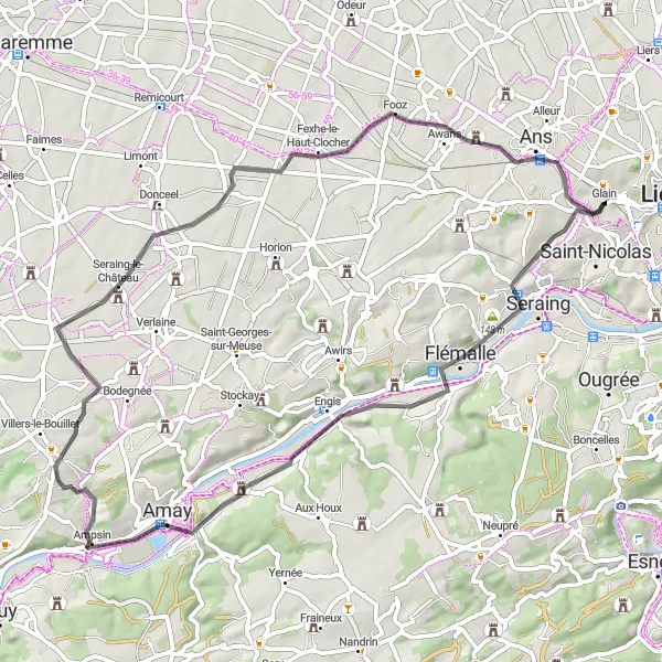 Miniatuurkaart van de fietsinspiratie "Ontdek de omgeving op de racefiets" in Prov. Liège, Belgium. Gemaakt door de Tarmacs.app fietsrouteplanner