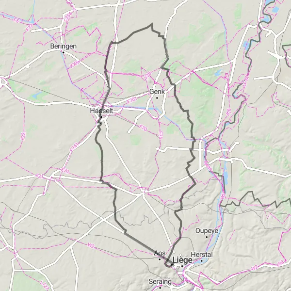 Map miniature of "Historic Castles and Scenic Views" cycling inspiration in Prov. Liège, Belgium. Generated by Tarmacs.app cycling route planner