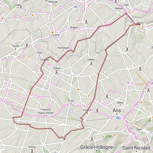 Miniature de la carte de l'inspiration cycliste "Awans et Crisnée" dans la Prov. Liège, Belgium. Générée par le planificateur d'itinéraire cycliste Tarmacs.app