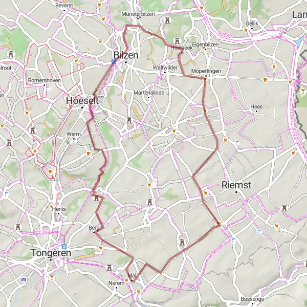 Miniature de la carte de l'inspiration cycliste "Boucle des Collines Liégeoises" dans la Prov. Liège, Belgium. Générée par le planificateur d'itinéraire cycliste Tarmacs.app