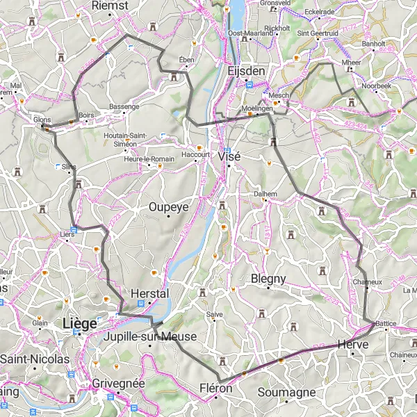 Miniatuurkaart van de fietsinspiratie "Tour d'Eben-Ezer en Terril du Bernalmont" in Prov. Liège, Belgium. Gemaakt door de Tarmacs.app fietsrouteplanner