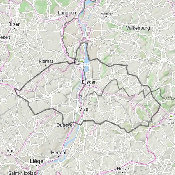 Miniature de la carte de l'inspiration cycliste "Tour de la Meuse et du Geer" dans la Prov. Liège, Belgium. Générée par le planificateur d'itinéraire cycliste Tarmacs.app