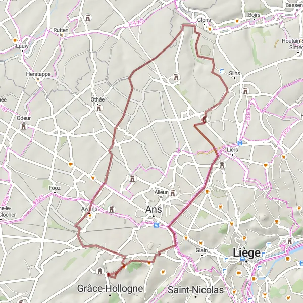 Map miniature of "Xhendremael to Villers-Saint-Siméon Gravel Loop" cycling inspiration in Prov. Liège, Belgium. Generated by Tarmacs.app cycling route planner