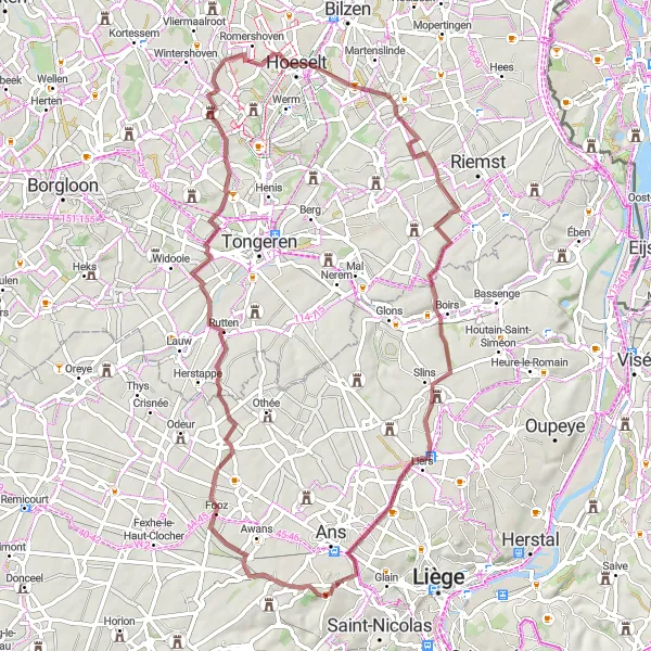 Map miniature of "Serene Gravel Ride through Grâce-Berleur" cycling inspiration in Prov. Liège, Belgium. Generated by Tarmacs.app cycling route planner