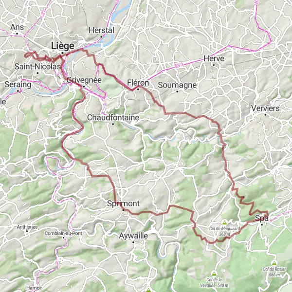 Miniature de la carte de l'inspiration cycliste "Défi Route des Châteaux Liégeois" dans la Prov. Liège, Belgium. Générée par le planificateur d'itinéraire cycliste Tarmacs.app