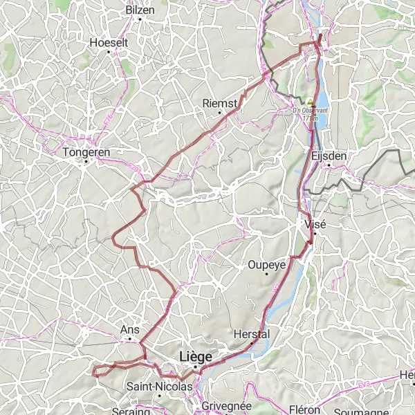 Map miniature of "Picturesque Gravel Route across Grâce-Berleur and Beyond" cycling inspiration in Prov. Liège, Belgium. Generated by Tarmacs.app cycling route planner