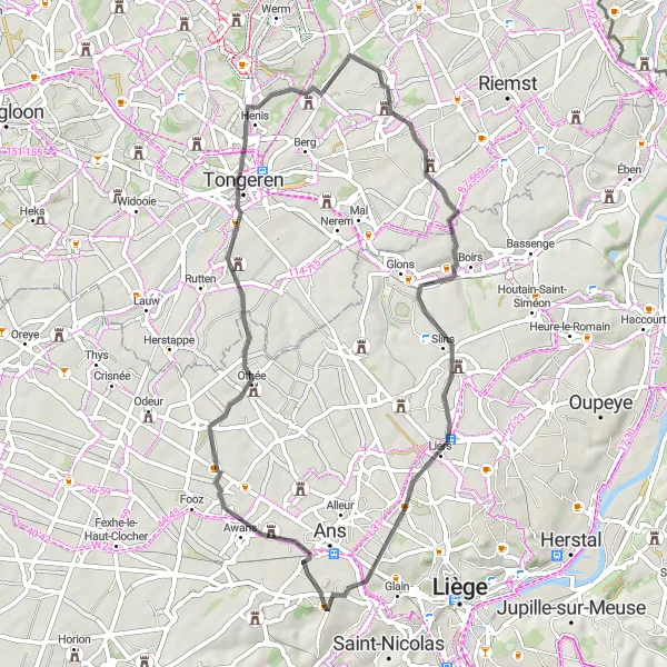 Karten-Miniaturansicht der Radinspiration "Road-Tour durch die belgische Landschaft" in Prov. Liège, Belgium. Erstellt vom Tarmacs.app-Routenplaner für Radtouren