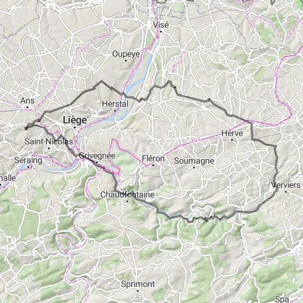 Map miniature of "Grâce-Berleur to Maison De Francquen Road Adventure" cycling inspiration in Prov. Liège, Belgium. Generated by Tarmacs.app cycling route planner