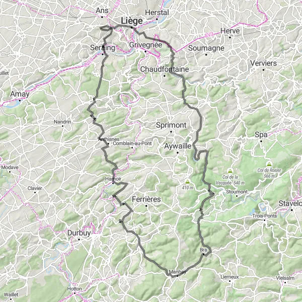 Miniatuurkaart van de fietsinspiratie "Uitdagende roadtrip naar Château Cockerill en Rocher de Coisse" in Prov. Liège, Belgium. Gemaakt door de Tarmacs.app fietsrouteplanner