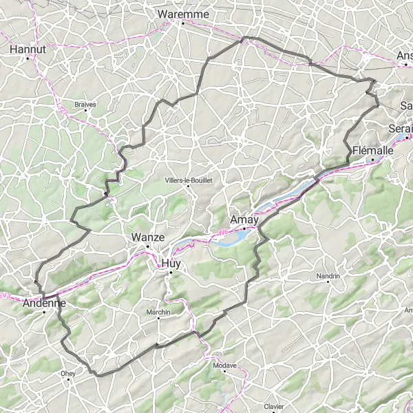 Map miniature of "Challenging Road Cycling Exploration near Grâce-Berleur" cycling inspiration in Prov. Liège, Belgium. Generated by Tarmacs.app cycling route planner