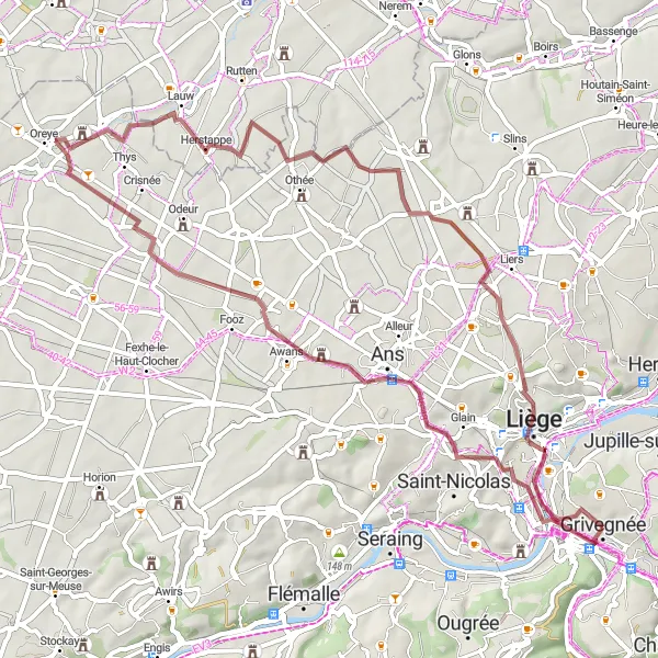 Map miniature of "Grivegnée-Gravel Route" cycling inspiration in Prov. Liège, Belgium. Generated by Tarmacs.app cycling route planner