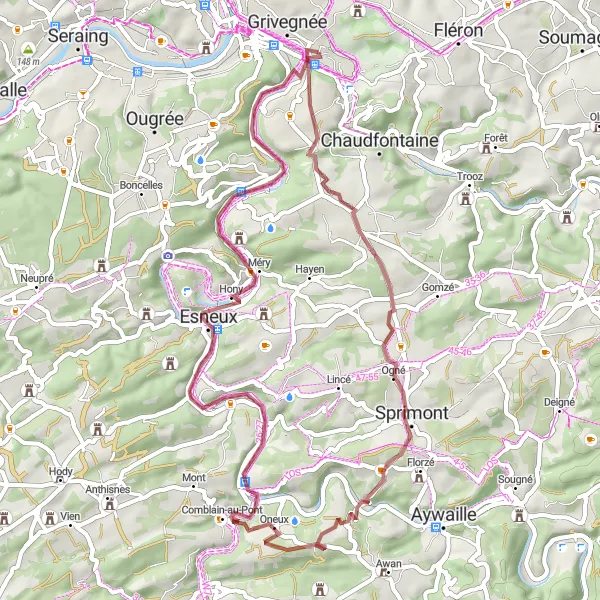 Miniature de la carte de l'inspiration cycliste "Boucle des Châteaux et Châteaux" dans la Prov. Liège, Belgium. Générée par le planificateur d'itinéraire cycliste Tarmacs.app