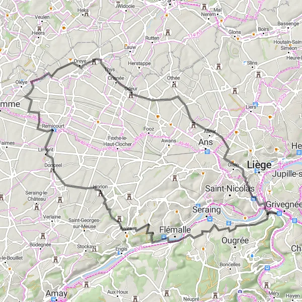 Miniatuurkaart van de fietsinspiratie "Wegroute door pittoreske dorpjes en historische bezienswaardigheden" in Prov. Liège, Belgium. Gemaakt door de Tarmacs.app fietsrouteplanner