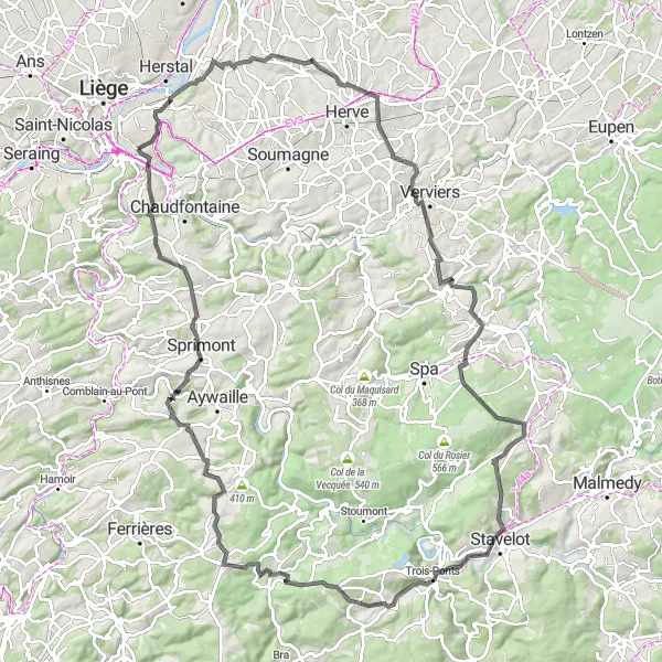 Karten-Miniaturansicht der Radinspiration "Herausfordernde Tour durch die belgische Landschaft" in Prov. Liège, Belgium. Erstellt vom Tarmacs.app-Routenplaner für Radtouren