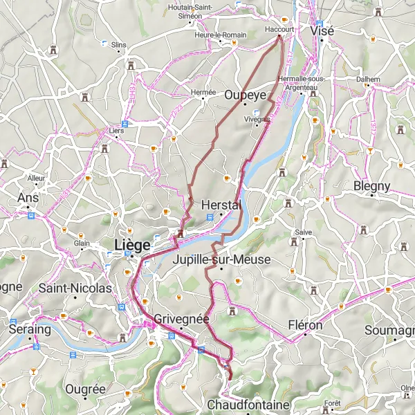 Miniature de la carte de l'inspiration cycliste "Exploration en gravel à Haccourt" dans la Prov. Liège, Belgium. Générée par le planificateur d'itinéraire cycliste Tarmacs.app