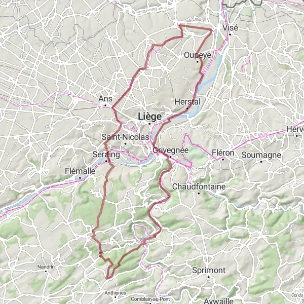Map miniature of "Oupeye - Haccourt Gravel Cycling Route" cycling inspiration in Prov. Liège, Belgium. Generated by Tarmacs.app cycling route planner