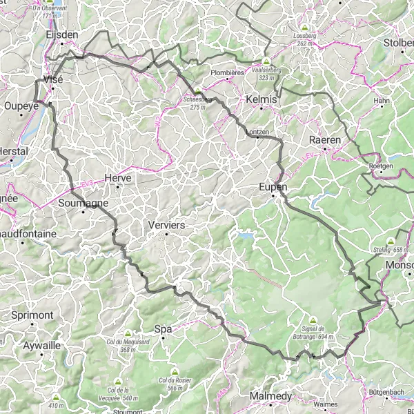 Miniature de la carte de l'inspiration cycliste "Parcours panoramique à travers les collines de Liège" dans la Prov. Liège, Belgium. Générée par le planificateur d'itinéraire cycliste Tarmacs.app
