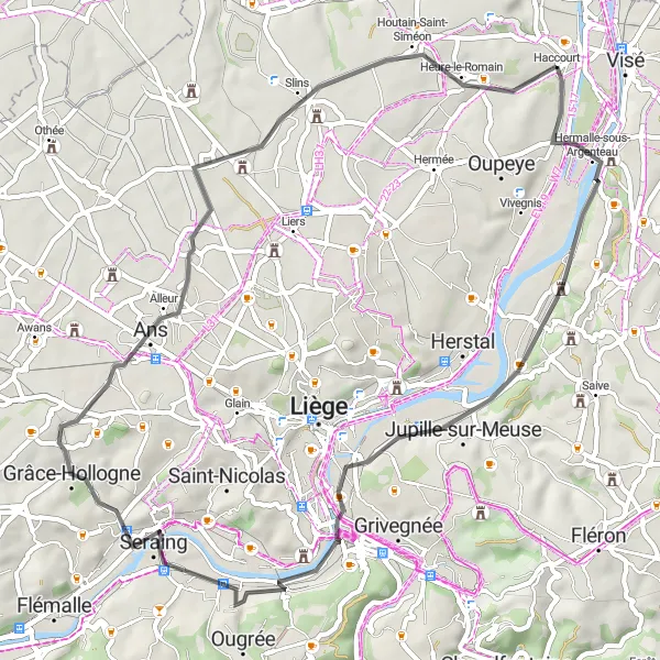 Miniature de la carte de l'inspiration cycliste "Epopée routière à partir de Haccourt" dans la Prov. Liège, Belgium. Générée par le planificateur d'itinéraire cycliste Tarmacs.app