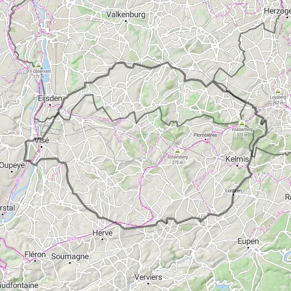 Karten-Miniaturansicht der Radinspiration "Hügelige Rundfahrt von Haccourt nach Lontzen und zurück" in Prov. Liège, Belgium. Erstellt vom Tarmacs.app-Routenplaner für Radtouren