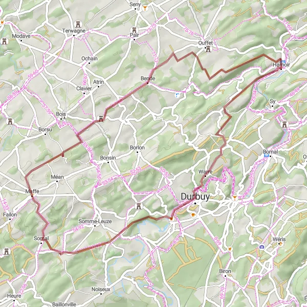 Karten-Miniaturansicht der Radinspiration "Gravel-Tour durch Hamoir" in Prov. Liège, Belgium. Erstellt vom Tarmacs.app-Routenplaner für Radtouren