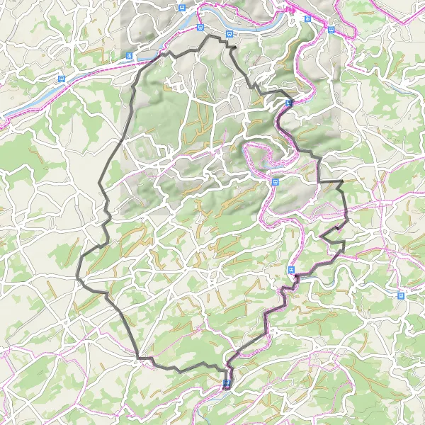 Miniature de la carte de l'inspiration cycliste "Les Monts de Condroz" dans la Prov. Liège, Belgium. Générée par le planificateur d'itinéraire cycliste Tarmacs.app